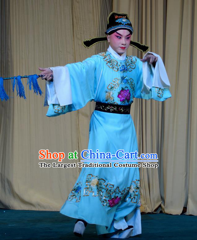 Xi Shi Chinese Peking Opera Young Male Garment Costumes and Headwear Beijing Opera Scholar Apparels Niche Blue Robe Clothing