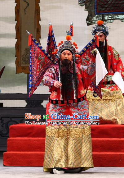 Xi Shi Chinese Peking Opera Wusheng Garment Costumes and Headwear Beijing Opera General Red Kao Armor Suit with Flags Apparels Clothing