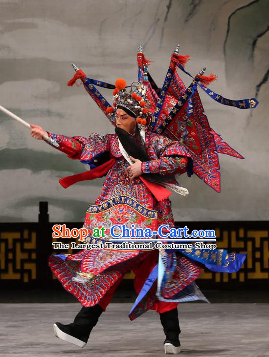 Xi Shi Chinese Peking Opera General Red Kao Armor Suit with Flags Garment Costumes and Headwear Beijing Opera Martial Male Apparels Clothing