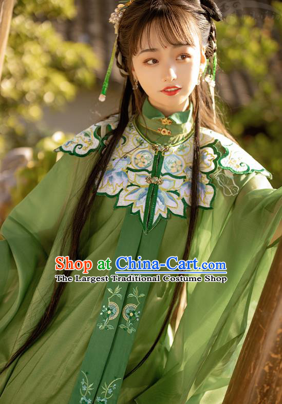 Traditional Chinese Ming Dynasty Noble Female Apparels Ancient Royal Princess Embroidered Green Hanfu Dress Historical Costumes