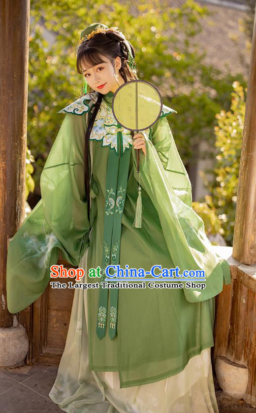 Traditional Chinese Ming Dynasty Noble Female Apparels Ancient Royal Princess Embroidered Green Hanfu Dress Historical Costumes