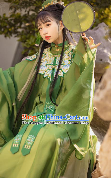 Traditional Chinese Ming Dynasty Noble Female Apparels Ancient Royal Princess Embroidered Green Hanfu Dress Historical Costumes