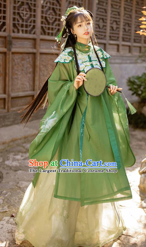 Traditional Chinese Ming Dynasty Noble Female Apparels Ancient Royal Princess Embroidered Green Hanfu Dress Historical Costumes