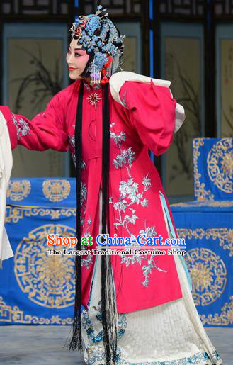Chinese Beijing Opera Rich Mistress Apparels Costumes and Headdress The Unicorn Purse Traditional Peking Opera Actress Zhao Shouzhen Rosy Dress Garment