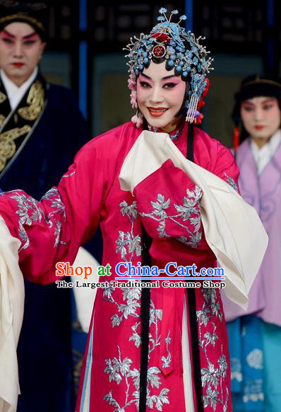 Chinese Beijing Opera Rich Mistress Apparels Costumes and Headdress The Unicorn Purse Traditional Peking Opera Actress Zhao Shouzhen Rosy Dress Garment