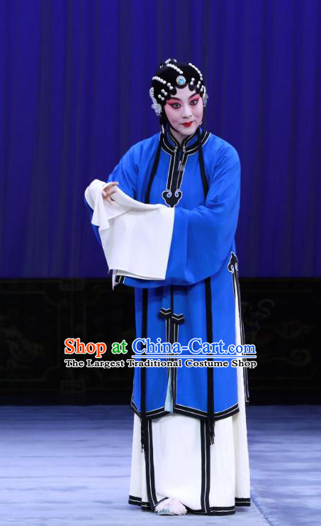 Chinese Beijing Opera Poor Woman Apparels Costumes and Headdress The Unicorn Purse Traditional Peking Opera Tsing Yi Blue Dress Han Xiangling Garment