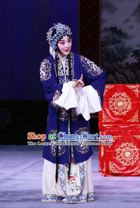 Chinese Beijing Opera Hua Tan Zhao Shouzhen Apparels Costumes and Headdress The Unicorn Purse Traditional Peking Opera Actress Blue Dress Diva Garment