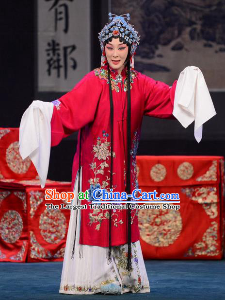 Chinese Beijing Opera Diva Zhao Shouzhen Apparels Costumes and Headdress The Unicorn Purse Traditional Peking Opera Young Mistress Red Dress Garment