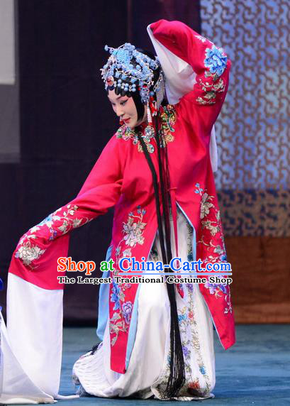 Chinese Beijing Opera Diva Zhao Shouzhen Apparels Costumes and Headdress The Unicorn Purse Traditional Peking Opera Young Mistress Red Dress Garment