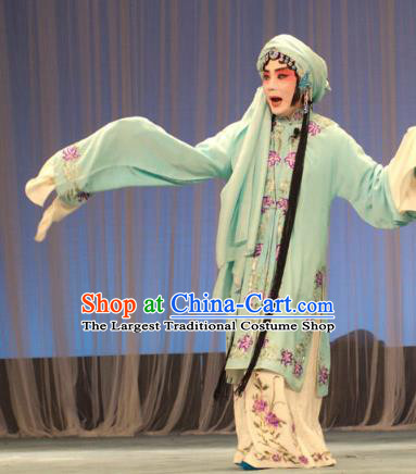 Chinese Beijing Opera Distress Maiden Zhao Shouzhen Apparels Costumes and Headdress The Unicorn Purse Traditional Peking Opera Tsing Yi Green Dress Garment