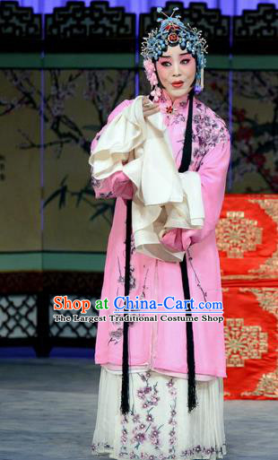 Chinese Beijing Opera Rich Female Han Xiangling Apparels Costumes and Headdress The Unicorn Purse Traditional Peking Opera Hua Tan Pink Dress Garment