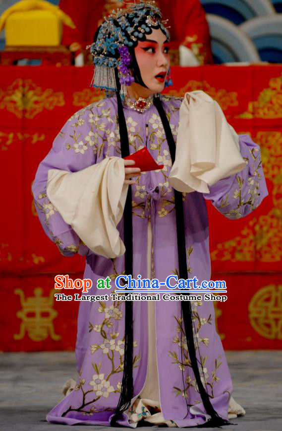 Chinese Beijing Opera Young Female Apparels Costumes and Headdress Chen Sanliang Pa Tang Traditional Peking Opera Hua Tan Purple Dress Diva Li Shuping Garment