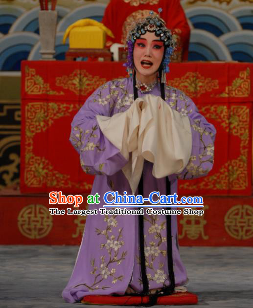 Chinese Beijing Opera Young Female Apparels Costumes and Headdress Chen Sanliang Pa Tang Traditional Peking Opera Hua Tan Purple Dress Diva Li Shuping Garment