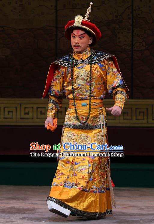 Kangxi Dadi Chinese Peking Opera Qing Dynasty Emperor Garment Costumes and Headwear Beijing Opera Majesty Apparels Clothing