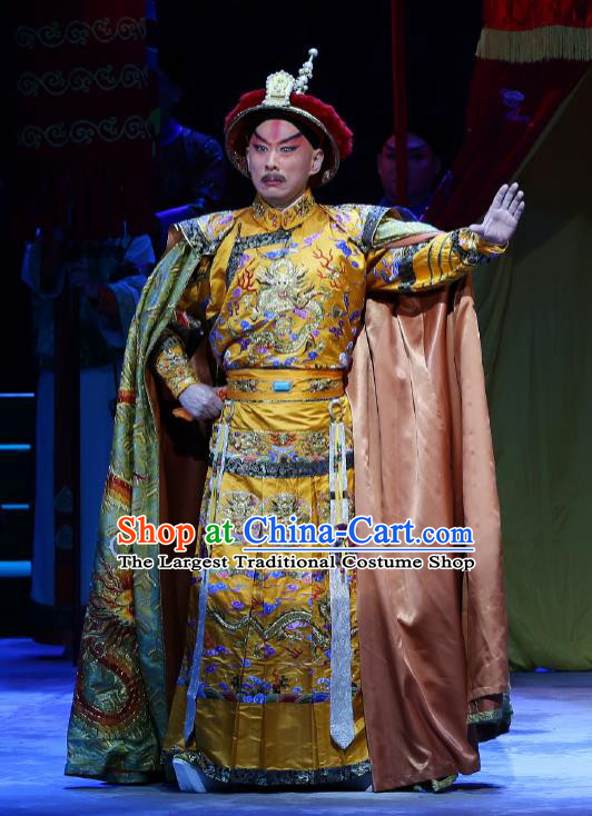 Kangxi Dadi Chinese Peking Opera Garment Costumes and Headwear Beijing Opera Qing Dynasty Emperor Apparels Clothing Majesty Embroidered Robe