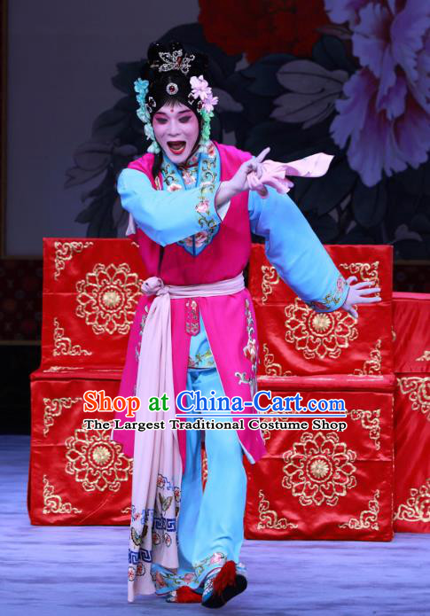 Chinese Beijing Opera Young Lady Apparels Costumes and Headdress The Unicorn Purse Traditional Peking Opera Servant Girl Mei Xiang Dress Garment