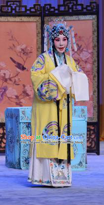 Chinese Beijing Opera Hua Tan Meng Ying Apparels Costumes and Headdress Chu Palace Hen Traditional Peking Opera Actress Yellow Dress Garment