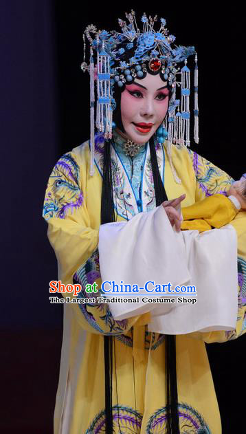 Chinese Beijing Opera Hua Tan Meng Ying Apparels Costumes and Headdress Kangxi Dadi Traditional Peking Opera Actress Yellow Dress Garment