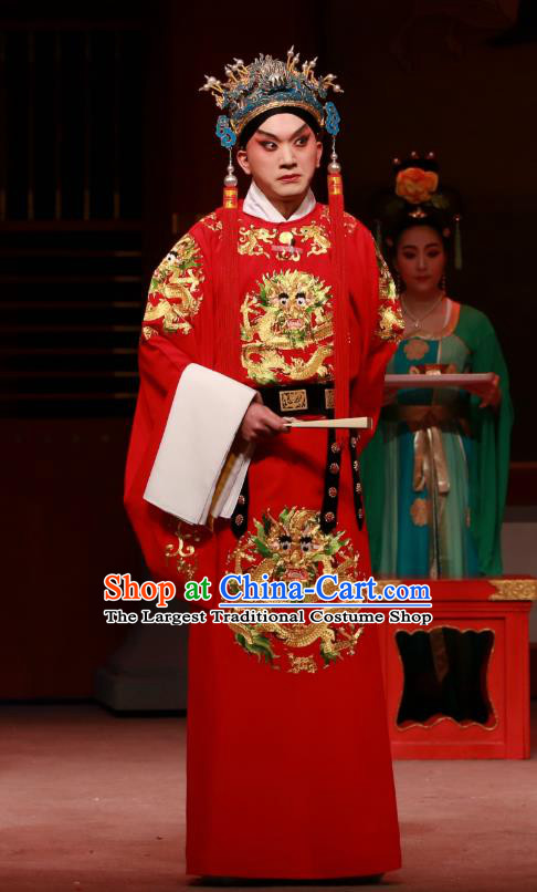 Zhen Guan Flourishing Age Chinese Peking Opera Emperor Li Shimin Garment Costumes and Headwear Beijing Opera Xiaosheng Apparels Young Male Red Clothing
