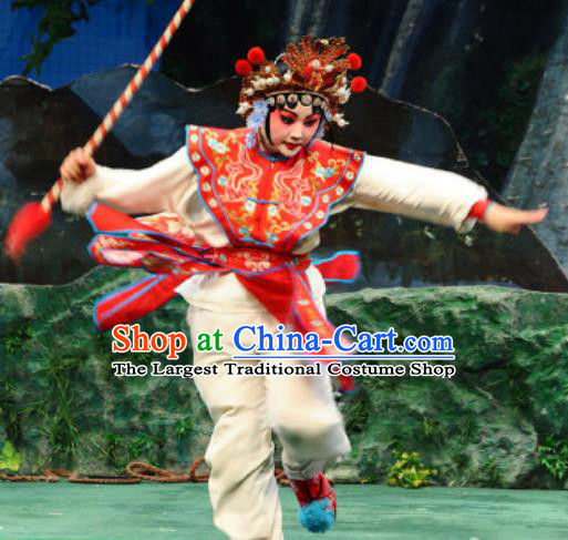 Chinese Beijing Opera Martial Female Apparels Costumes and Headdress Qing Shi Mountain Traditional Peking Opera Wu Dan Red Dress Garment