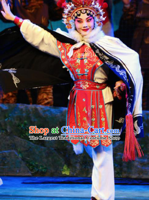 Chinese Beijing Opera Martial Female Apparels Costumes and Headdress Qing Shi Mountain Traditional Peking Opera Wu Dan Red Dress Garment