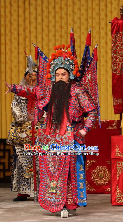 A Honey Trap Chinese Peking Opera Wusheng Garment Costumes and Headwear Beijing Opera Apparels Martial Man Clothing General Red Kao Armor Suit with Flags