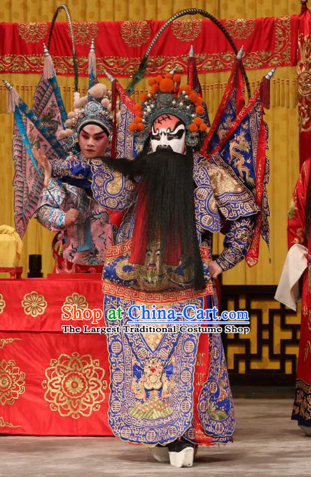 A Honey Trap Chinese Peking Opera Wusheng Kao Garment Costumes and Headwear Beijing Opera Apparels Martial Man Clothing General Blue Armor Suit with Flags