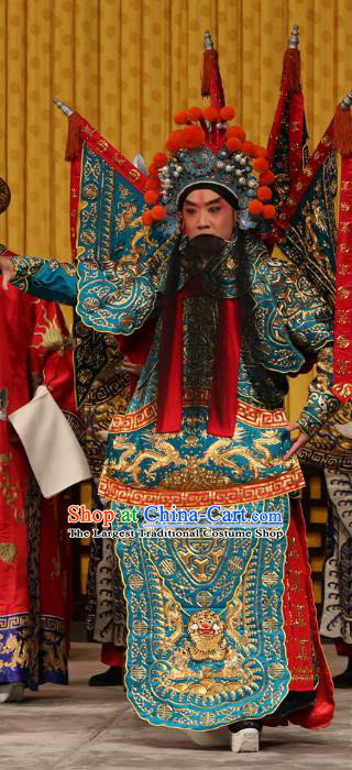 A Honey Trap Chinese Peking Opera Wusheng Kao with Flags Garment Costumes and Headwear Beijing Opera Apparels Martial Man Clothing General Green Armor Suit