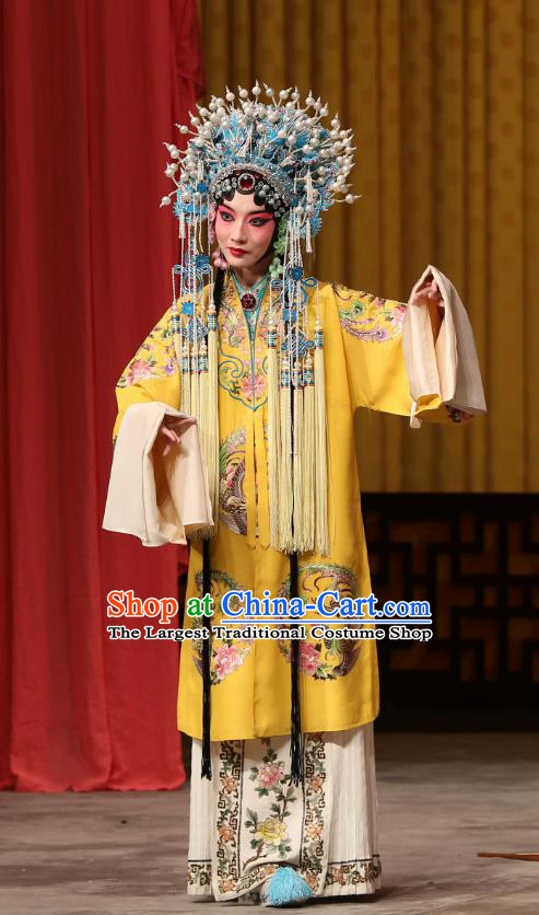 Chinese Beijing Opera Princess Sun Shangxiang Apparels Costumes and Headdress A Honey Trap Traditional Peking Opera Hua Tan Yellow Dress Actress Garment