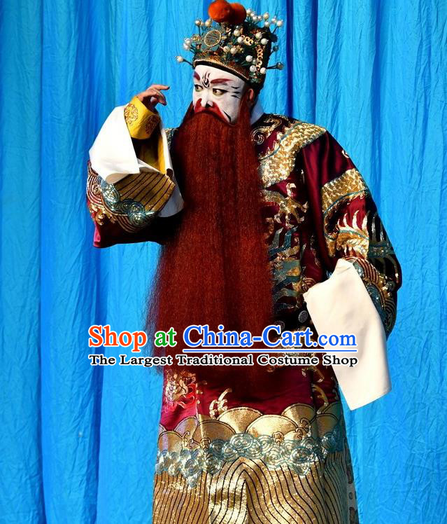 A Honey Trap Chinese Peking Opera King Garment Costumes and Headwear Beijing Opera Apparels Elderly Male Emperor Sun Quan Clothing