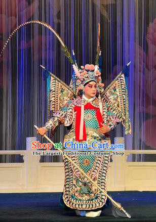 A Honey Trap Chinese Peking Opera Takefu Garment Costumes and Headwear Beijing Opera Martial Male Apparels General Zhou Yu Kao Armor Suit with Flags Clothing
