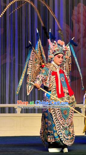 A Honey Trap Chinese Peking Opera Takefu Garment Costumes and Headwear Beijing Opera Martial Male Apparels General Zhou Yu Kao Armor Suit with Flags Clothing