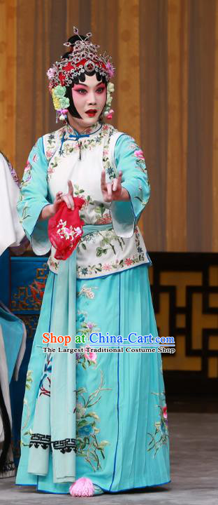 Chinese Beijing Opera Servant Girl Apparels Costumes and Headdress The Mirror of Fortune Traditional Peking Opera Xiaodan Shou Chun Dress Garment
