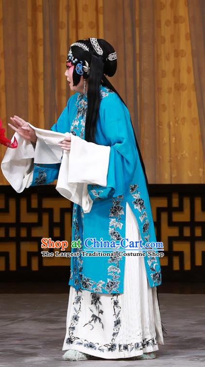 Chinese Beijing Opera Distress Woman Apparels Costumes and Headdress The Mirror of Fortune Traditional Peking Opera Tsing Yi Blue Dress Garment