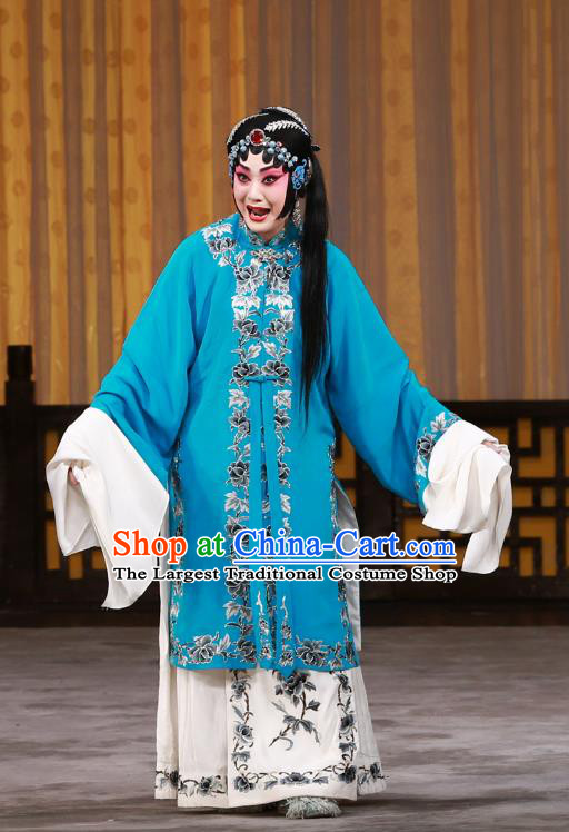 Chinese Beijing Opera Distress Woman Apparels Costumes and Headdress The Mirror of Fortune Traditional Peking Opera Tsing Yi Blue Dress Garment