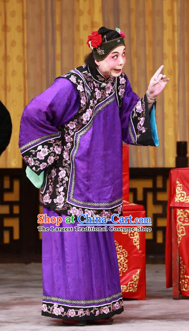 Chinese Beijing Opera Woman Matchmaker Apparels Costumes and Headdress The Mirror of Fortune Traditional Peking Opera Elderly Female Purple Dress Garment