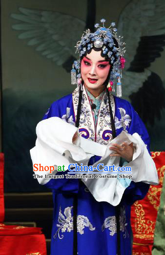 Chinese Beijing Opera Rich Consort Apparels Costumes and Headdress The Mirror of Fortune Traditional Peking Opera Young Beauty Blue Dress Diva Garment