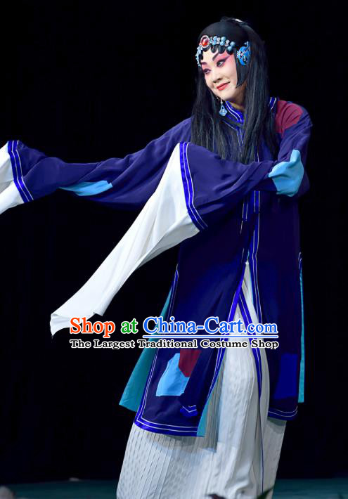 Chinese Beijing Opera Female Beggar Apparels Costumes and Headdress The Mirror of Fortune Traditional Peking Opera Pauper Woman Dress Tsing Yi Garment