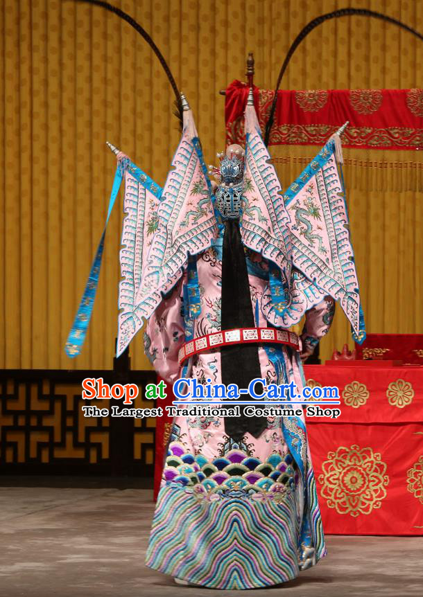 A Honey Trap Chinese Peking Opera Garment Costumes General Zhou Yu Kao Armor Suit with Flags and Headwear Beijing Opera Wusheng Apparels Martial Man Clothing