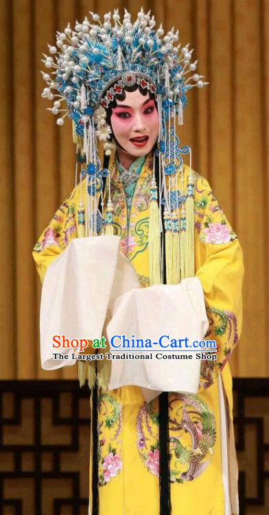 Chinese Beijing Opera Actress Diva Apparels Costumes and Headdress Princess Yinping Traditional Peking Opera Hua Tan Yellow Dress Garment