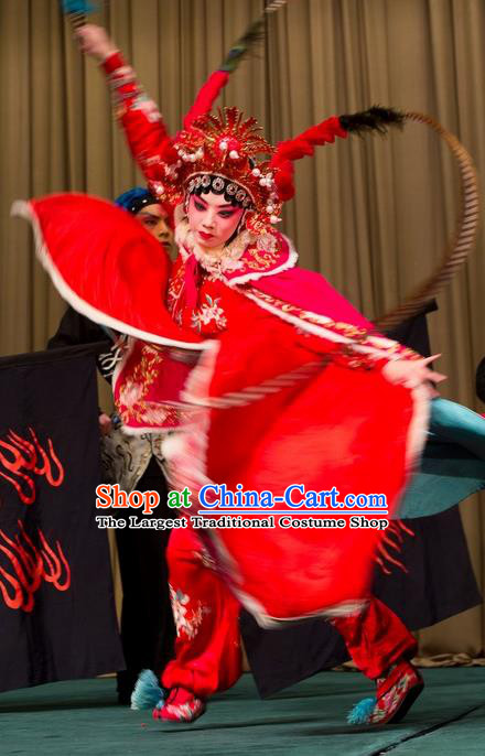 Chinese Beijing Opera Actress Apparels Costumes and Headdress Qing Shi Mountain Traditional Peking Opera Fairy Fox Red Dress Female Swordsman Garment
