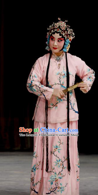 Chinese Beijing Opera Young Female Apparels Costumes and Headdress Qing Shi Mountain Traditional Peking Opera Fairy Fox Actress Pink Dress Garment
