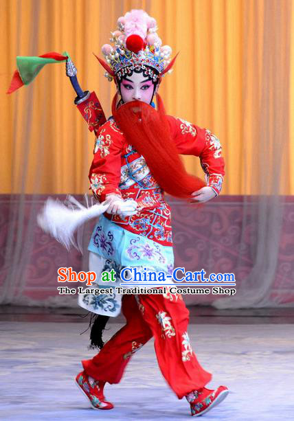 Chinese Beijing Opera Swordswoman Red Apparels Costumes and Headpieces Xin An Yi Traditional Peking Opera Martial Female Luo Yan Dress Garment