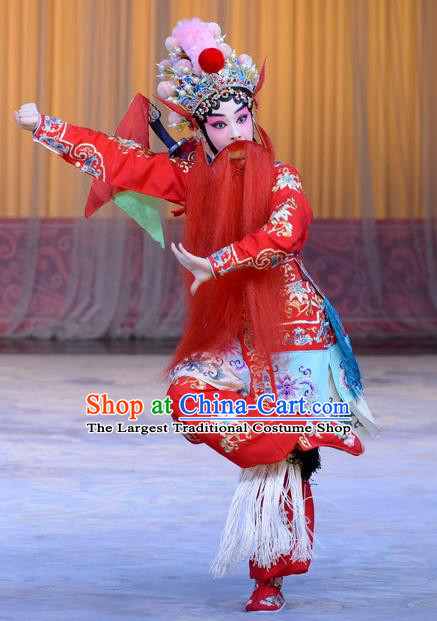 Chinese Beijing Opera Swordswoman Red Apparels Costumes and Headpieces Xin An Yi Traditional Peking Opera Martial Female Luo Yan Dress Garment