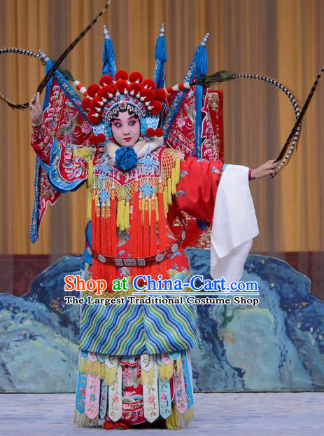 Chinese Beijing Opera Tao Ma Tan Zhang Yue E Apparels Costumes and Headdress Hong Tao Shan Traditional Peking Opera Female General Kao Armor Suit with Flags Dress Garment