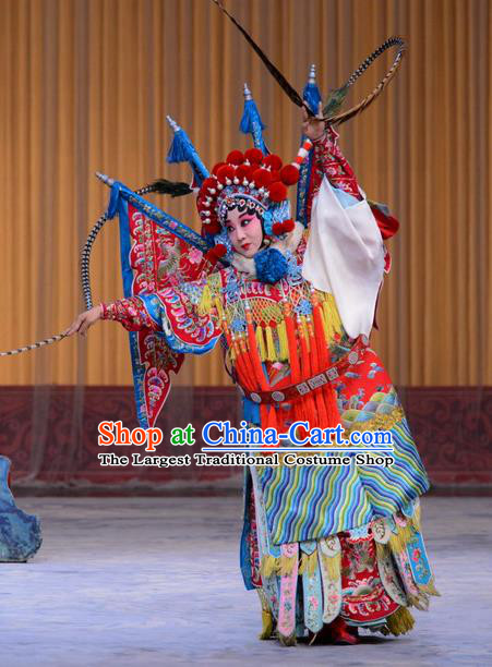 Chinese Beijing Opera Tao Ma Tan Zhang Yue E Apparels Costumes and Headdress Hong Tao Shan Traditional Peking Opera Female General Kao Armor Suit with Flags Dress Garment