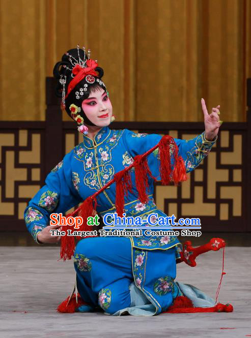 Chinese Beijing Opera Wu Dan Apparels Costumes and Headdress Traditional Peking Opera Princess Shuangyang Dress Martial Female Blue Garment