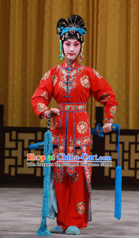 Chinese Beijing Opera Wu Dan Red Apparels Costumes and Headdress Traditional Peking Opera Princess Shuangyang Dress Martial Female Garment
