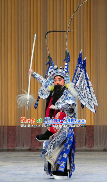 Hong Tao Shan Chinese Peking Opera Elderly Male Garment Costumes and Headwear Beijing Opera General Lin Chong Apparels Kao Armor Suit with Flags Clothing