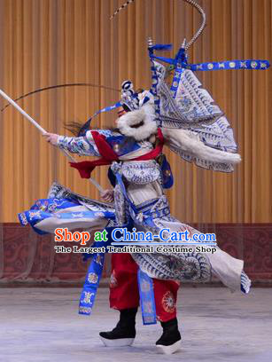 Hong Tao Shan Chinese Peking Opera Elderly Male Garment Costumes and Headwear Beijing Opera General Lin Chong Apparels Kao Armor Suit with Flags Clothing